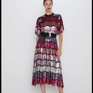 Zara multicolored sequin belted midi dress